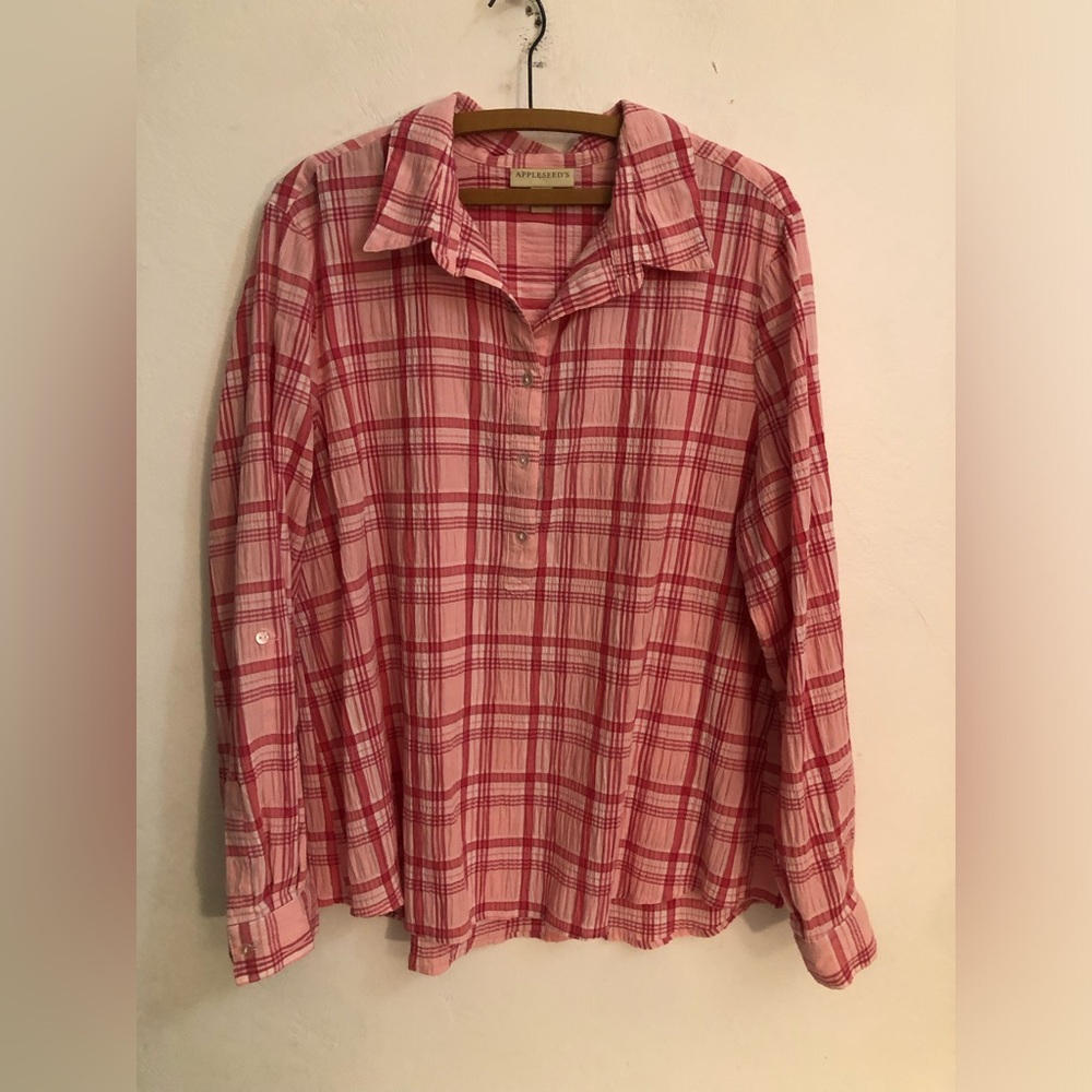 Appleseeds Blouse Women's XL Pink Plaid Crinkled Button Up Country Cottagecore